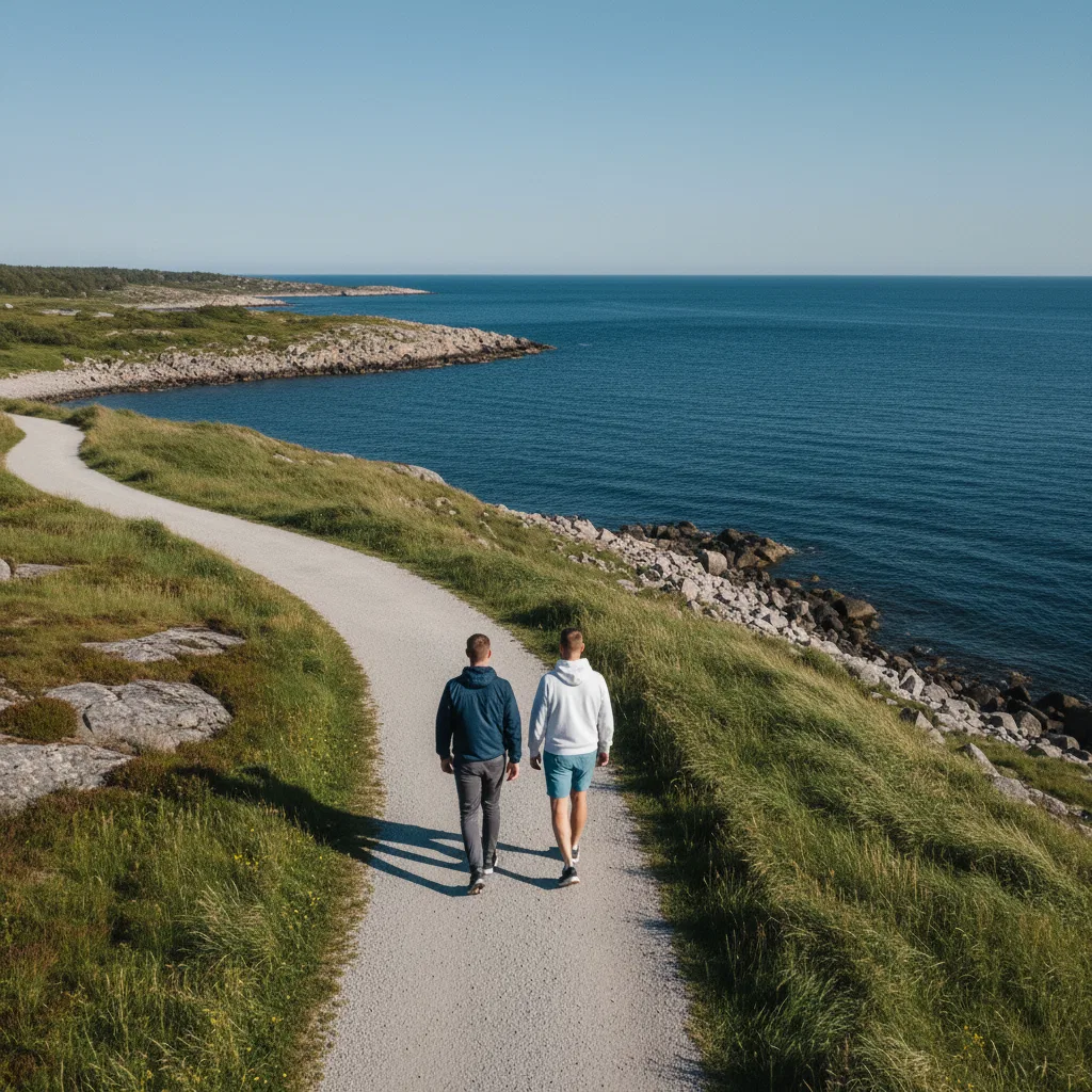 Två anonyma vänner promenerar längs en skandinavisk kustväg i solsken